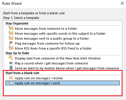 Outlook Rules Wizard: Rule selection Image: Outlook Rules Wizard: Rule selection
