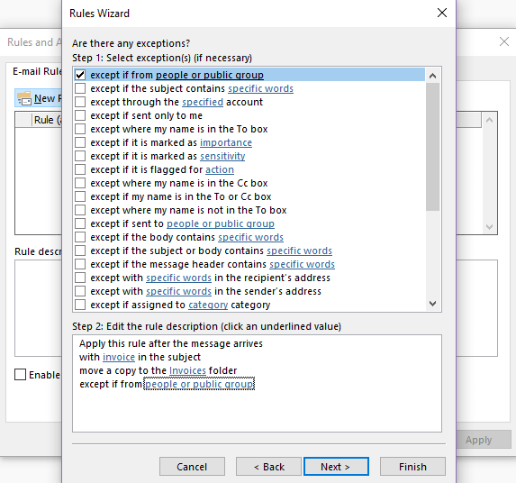 Outlook Rules Wizard: Selecting exceptions Image: Outlook Rules Wizard: Selecting exceptions