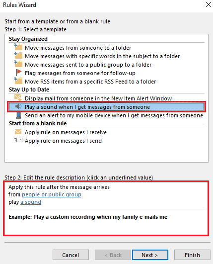 Outlook Rules Wizard: Selecting rule template Image: Outlook Rules Wizard: Selecting rule template