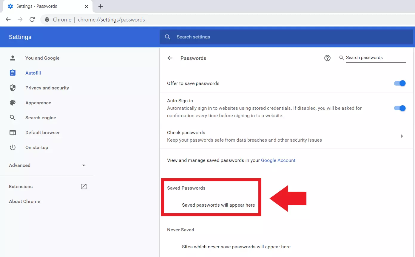 Image: Google Chrome: ‘Passwords’ menu, ‘Saved Passwords’ entry