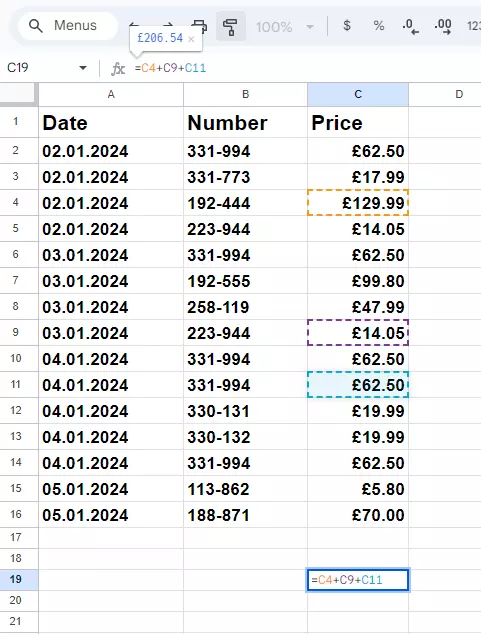 Screenshot of an formula using addition in Google Sheets Image: Screenshot of an formula using addition in Google Sheets